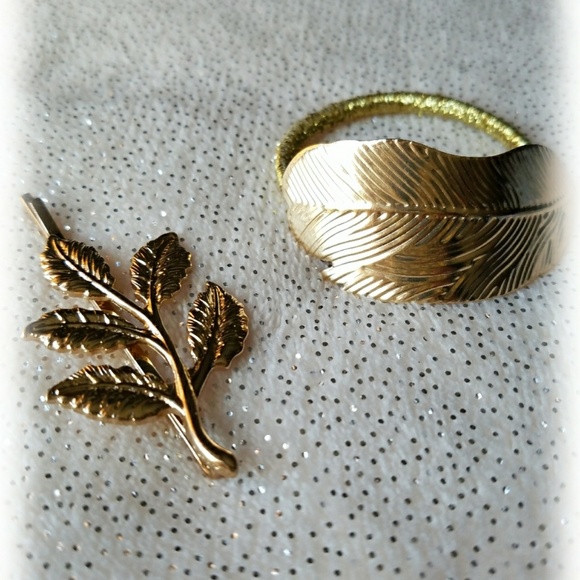 Gold Hair Pony tail elastic with Leaf and Barrett Bundle NWT - Picture 8 of 8